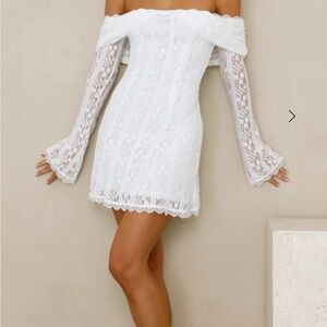 Hello Molly White Off-Shoulder Lace Mini Dress